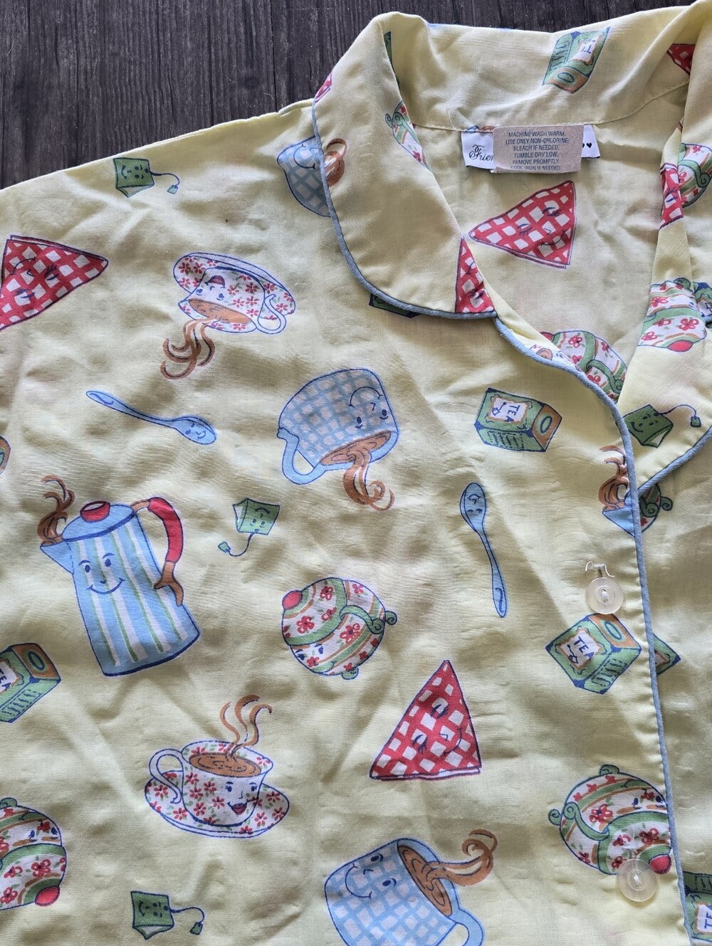 Vintage Yellow Tea And Teapot Cute Print Pajama Shirt And Pants Set